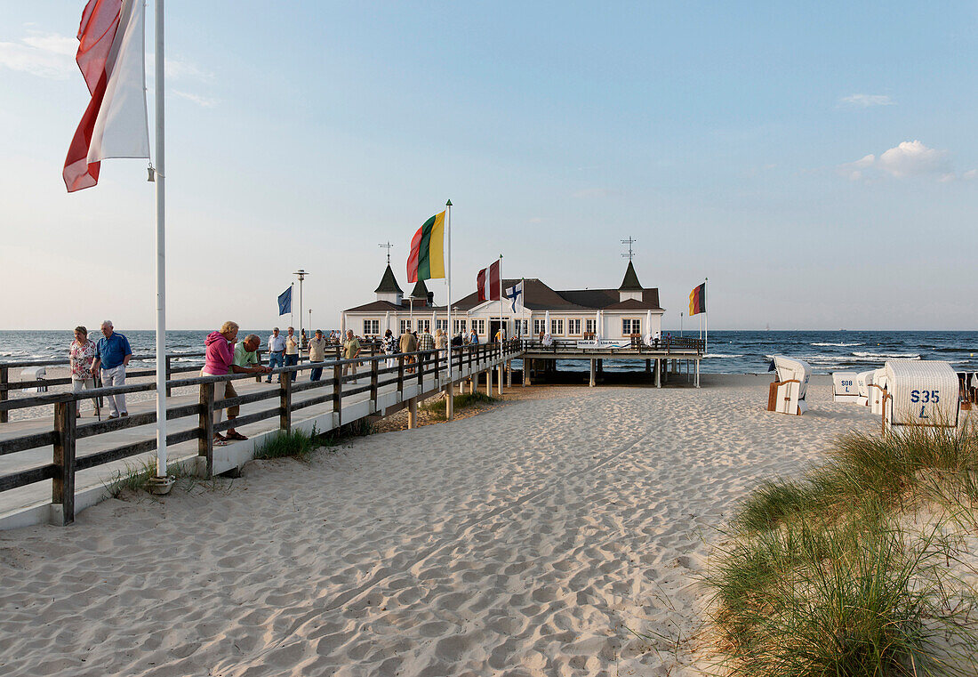 Beach with beach chairs and pier, Baltic Sea, Seaside Resort Ahlbeck, Island of Usedom, Mecklenburg Western Pomerania, Germany