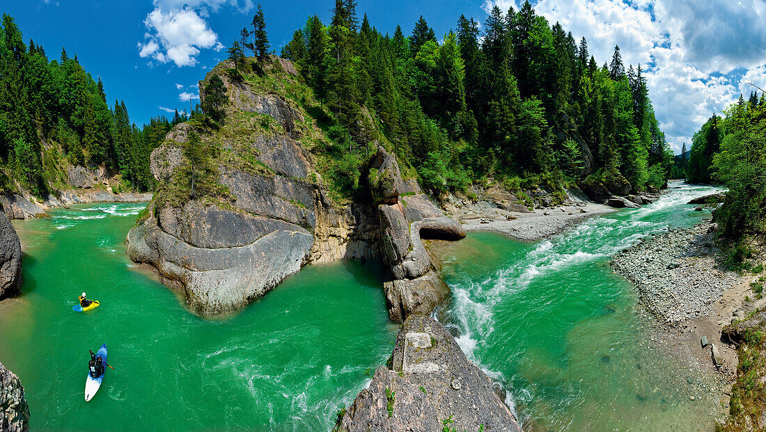 Kayaker on river Ammer, Scheibum, Saulgrub, Upper Bavaria, Germany