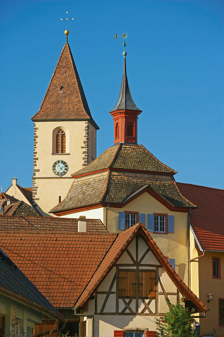 Burkheim, City gate and church tower, Kaiserstuhl, Baden Wuerttemberg, Germany, Europe