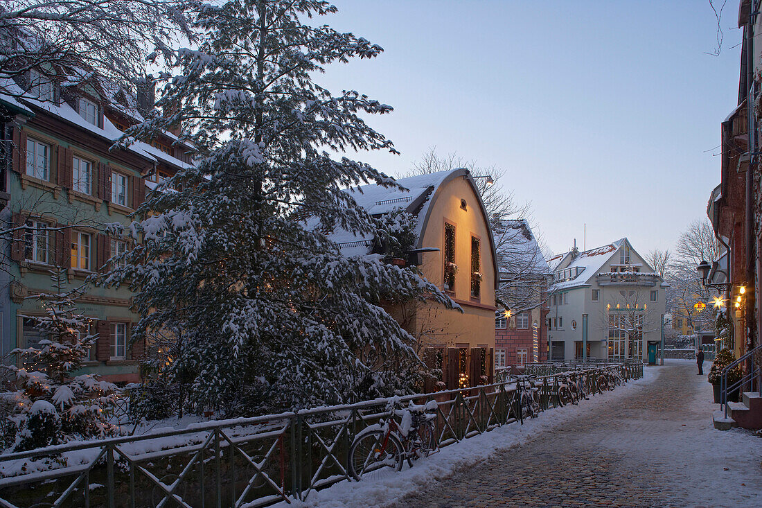 Fischerau and Olmuhle on the Insel, Freiburg, Evening, Snow, Black Forest, Baden Wuerttemberg, Germany, Europe