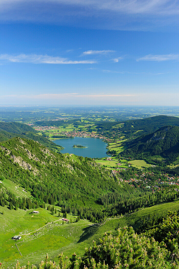 View to lake Schliersee with island Woerth, Schliersee, Brecherspitz, Mangfall Mountains, Bavarian Prealps, Upper Bavaria, Germany