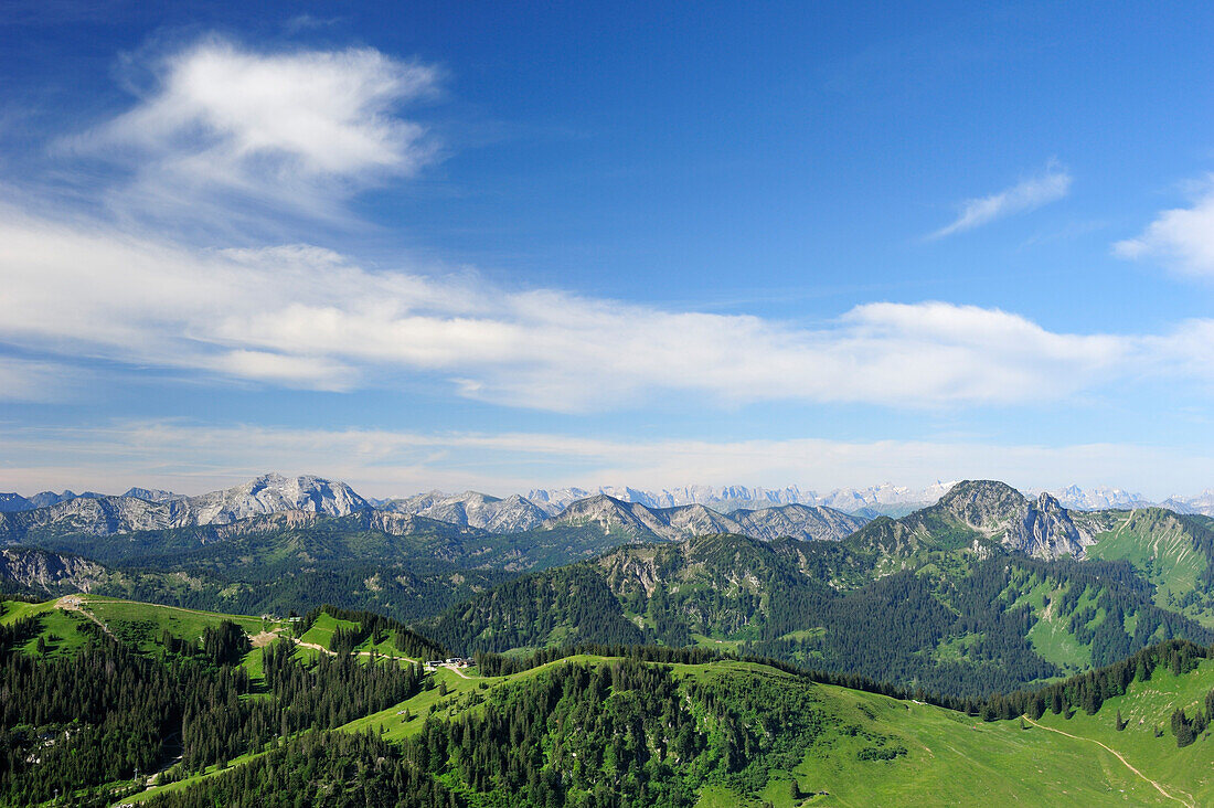 View from mount Brecherspitz over the Alps, Mangfall Mountains, Bavarian Prealps, Upper Bavaria, Germany