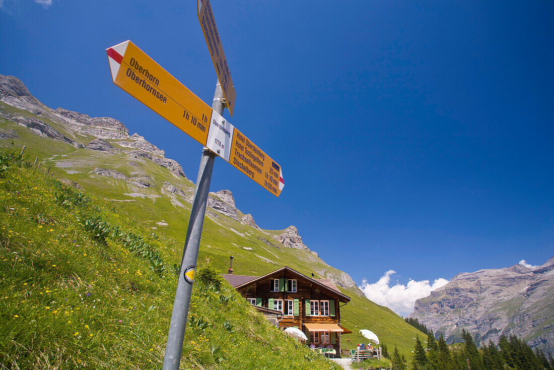 Sign post near mountain hotel Obersteinberg, Lauterbrunnen Valley, Canton of Bern, Switzerland