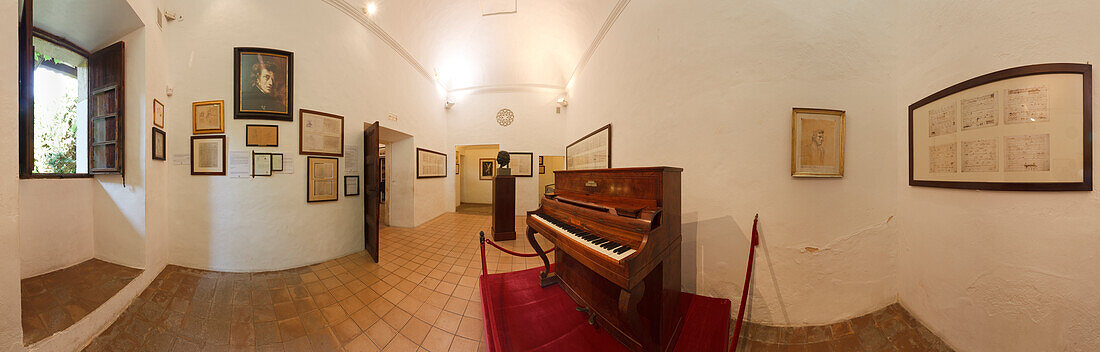 Piano de Pleyel at cell 4 at the monastery Sa Cartoixa, La Cartuja, Valdemossa, Tramuntana mountains, Mallorca, Balearic Islands, Spain, Europe