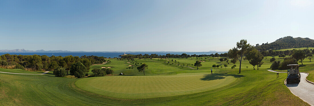 View of golf course at the coast, Isla d'Alcanada, Mallorca, Balearic Islands, Spain, Europe