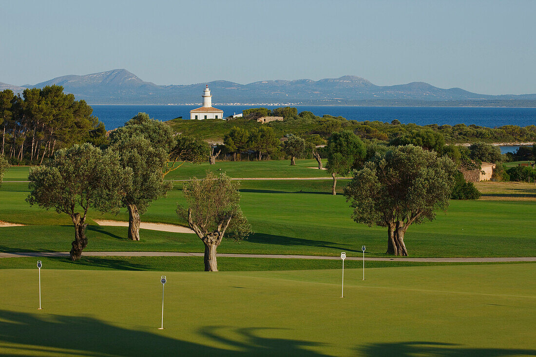 Blick auf Golfplatz an der Küste, Club de Golf Alcanada, Isla d'Alcanada, Mallorca, Balearen, Spanien, Europa
