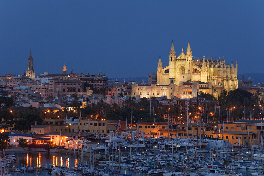 Blick auf Hafen, die Kathedrale La Seu und den Palast Palau de l'Almudaina, Palma de Mallorca, Mallorca, Balearen, Spanien, Europa