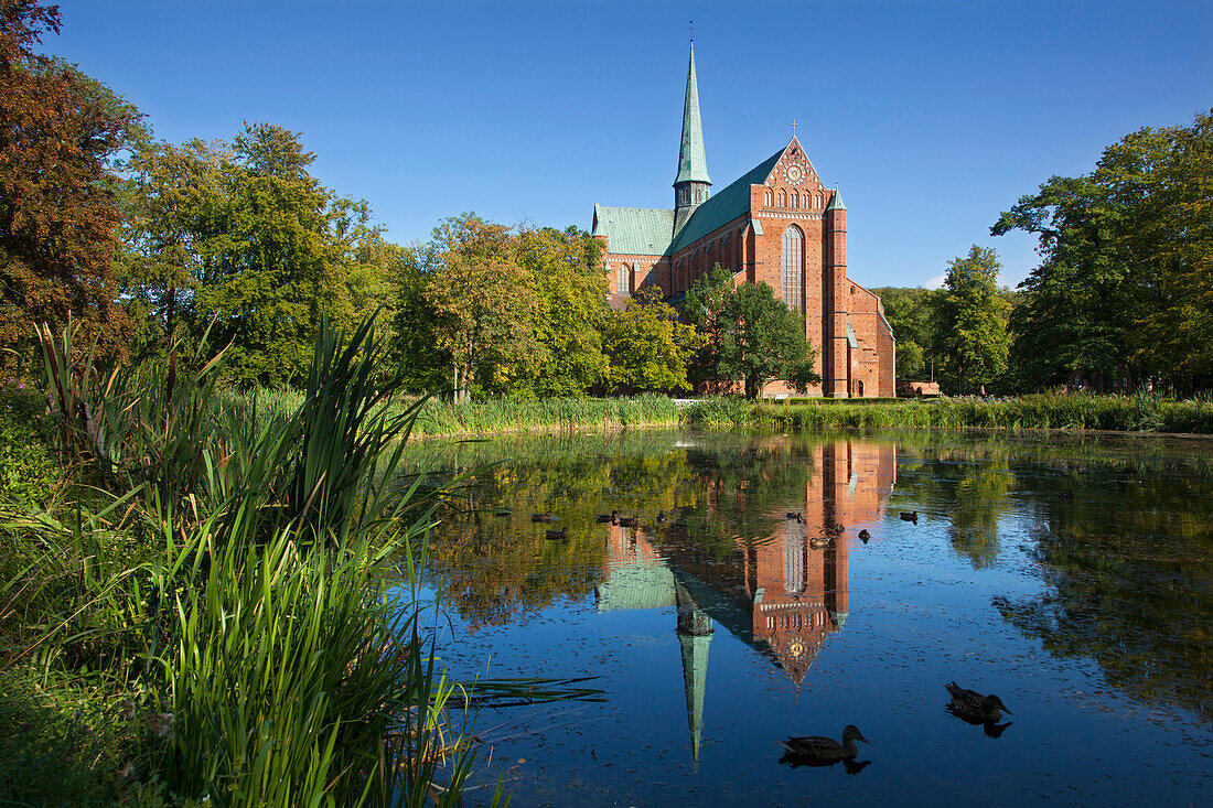 Klosterkirche an einem Teich im Sonnenlicht, Bad Doberan, Mecklenburg-Vorpommern, Deutschland, Europa
