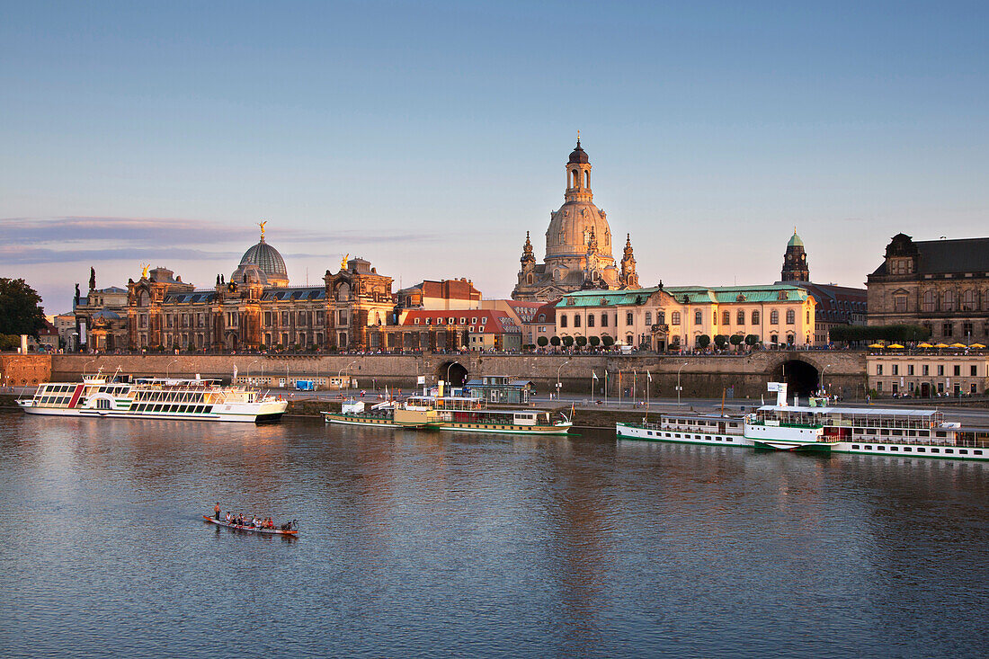 View over the Elbe river to Bruehlsche Terrasse, Frauenkirche and University of visual arts, Dresden, Saxonia, Germany, Europe