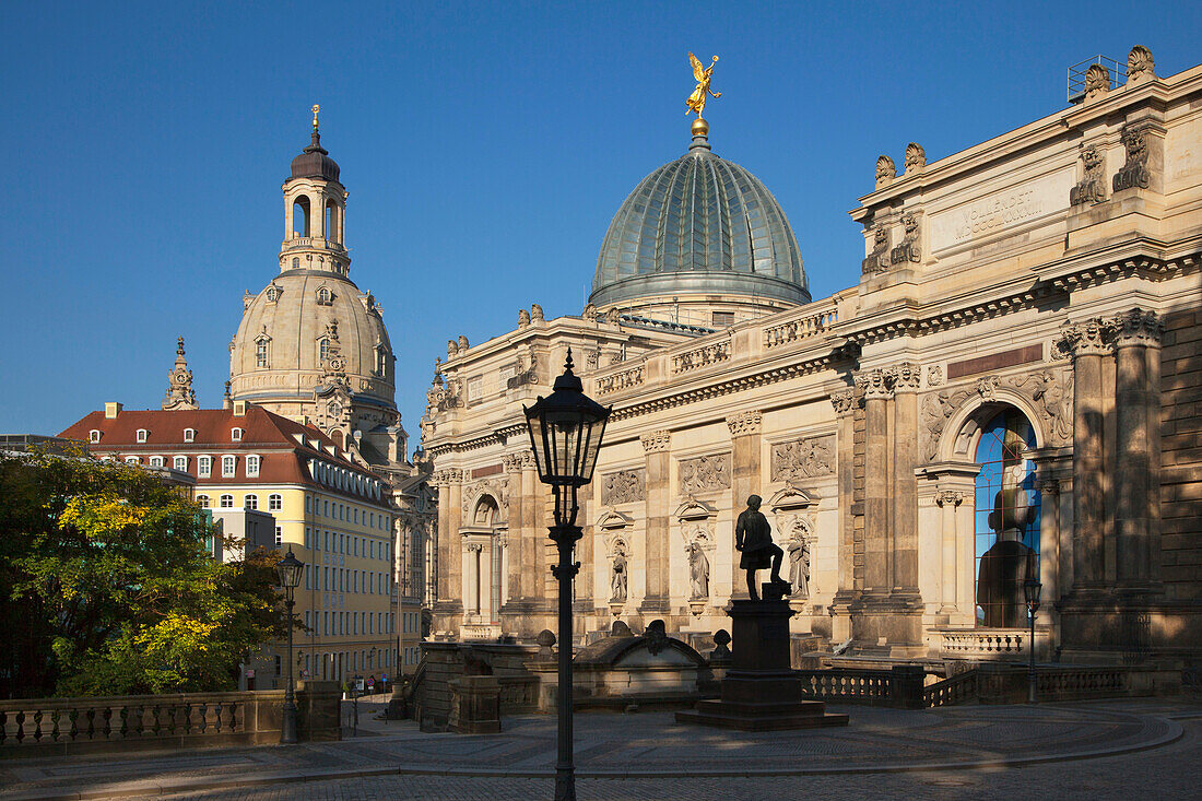 Frauenkirche and University of visual arts with glass dome and statue of Gottfried Semper, Dresden, Saxonia, Germany, Europe