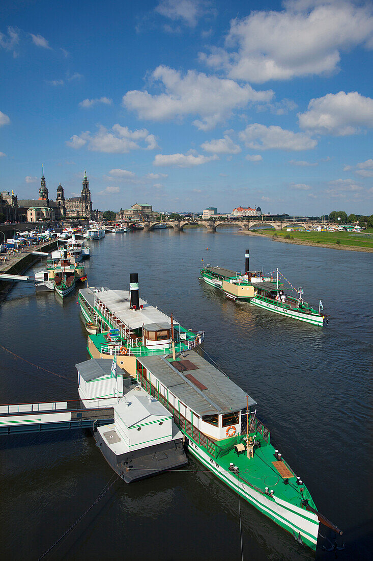 Paddle wheel steamer at the Elbe river, Staendehaus, Dresden castle, Hofkirche and Semper Opera in the background, Dresden, Saxonia, Germany, Europe