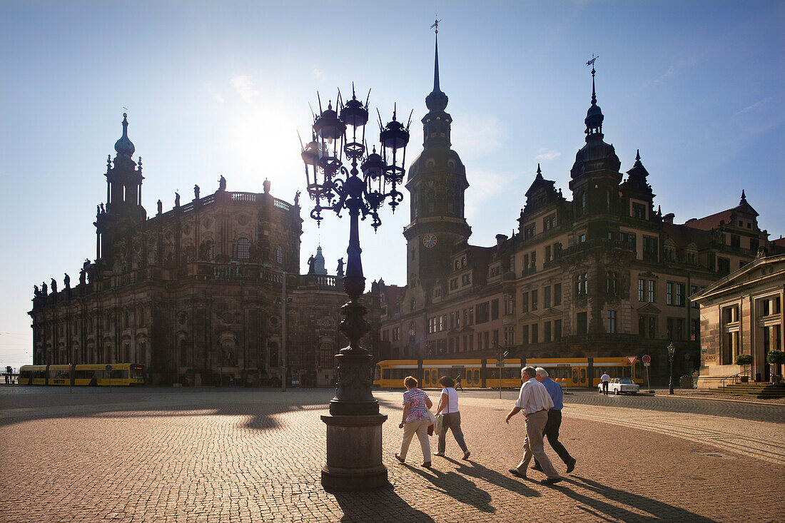 People at the Theaterplatz, Hofkirche and Dresden castle, Dresden, Saxonia, Germany, Europe