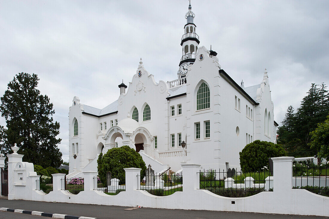 Dutch reformed church under clouded sky, Swellendam, Garden Route, South Africa, Africa