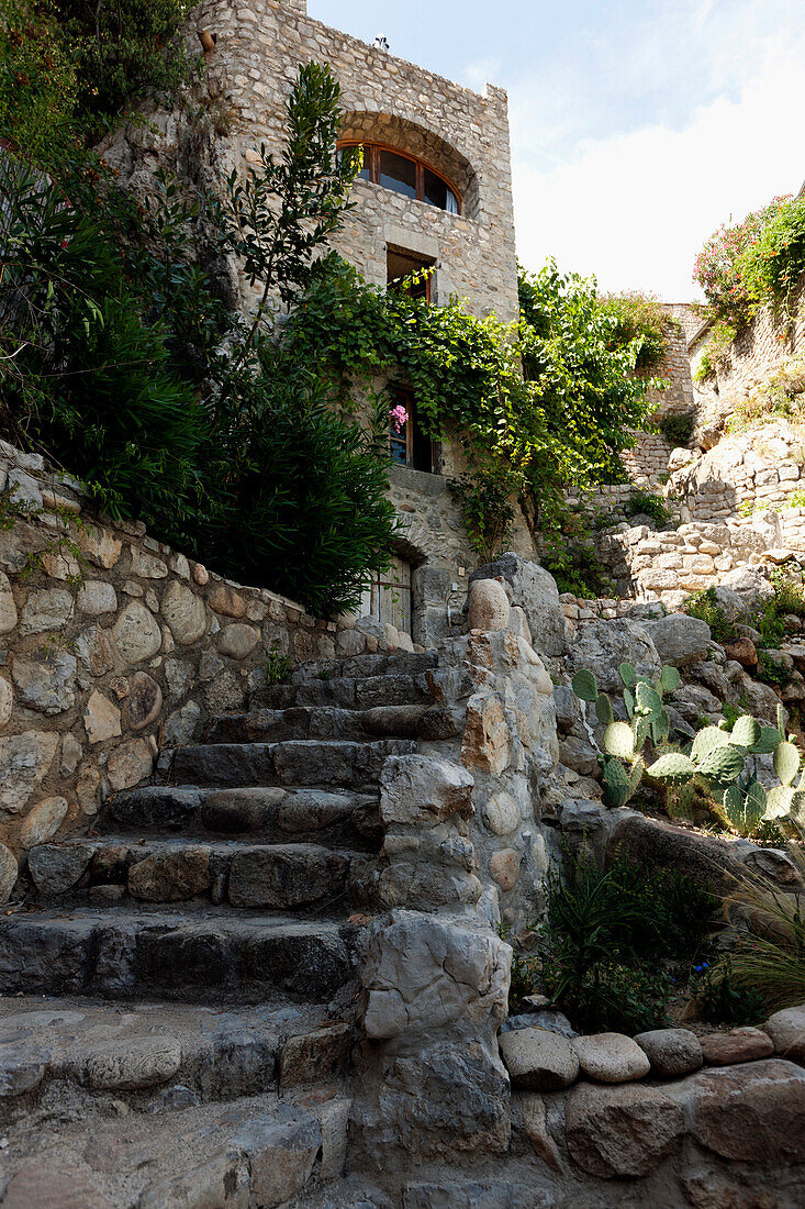 Stone stairs to an old stone house, Labeaume, Ardeche, Rhone-Alpes, France