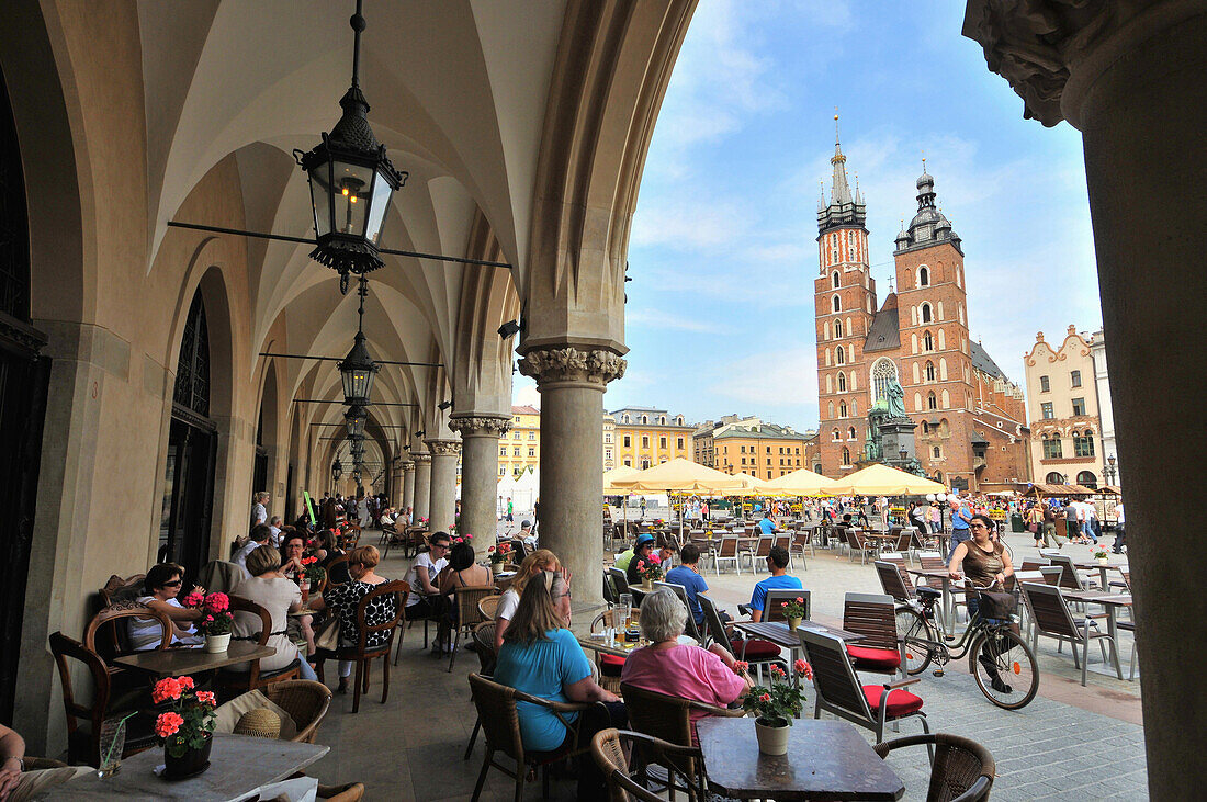 Main market with cloth hall and Church of our Lady, Krakow, Poland, Europe