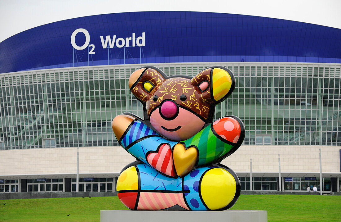 Colourful figure in front of O2 World event hall, Friedrichshain, Berlin, Germany, Europe