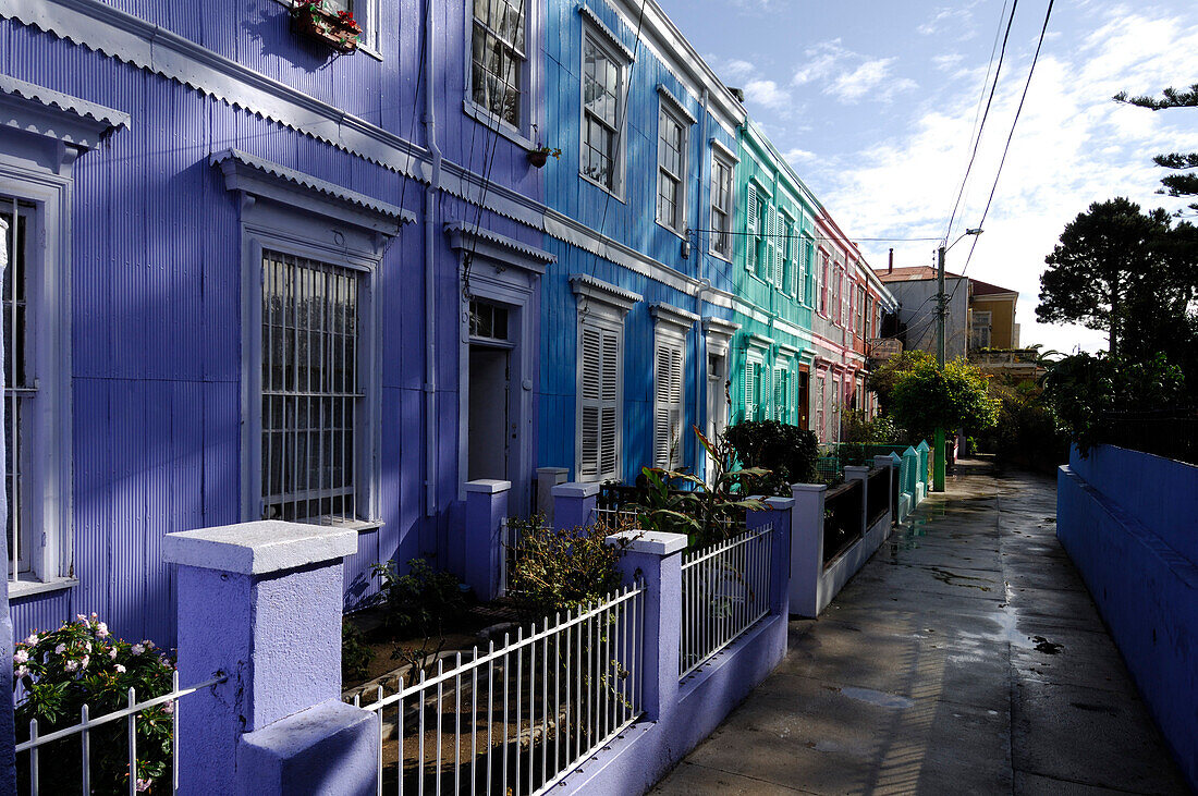 Chile, Valparaiso, colored houses facades at Cerro Alegre