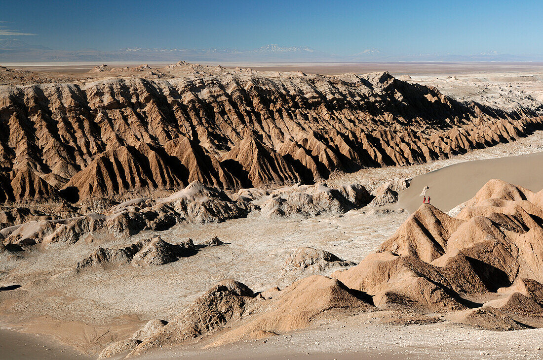 Chile, Valle de la Luna, eroded mountains view from above, two persons