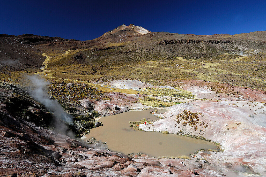 Chile,  San Pedro de Atacama district, El Tatio, person near a mud pond, steam throwing