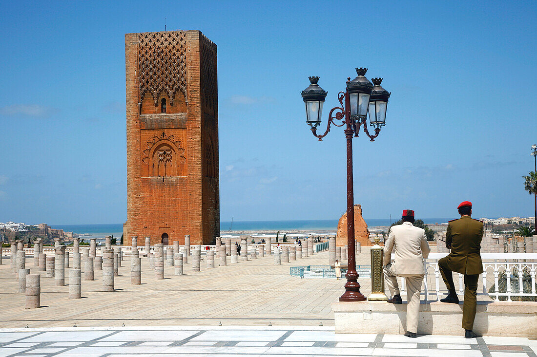 Africa, Maghreb, North africa,Morocco, Rabat, ruins of the Yacoub El Mansour mosque and Hassan tower view from Mohammed V mausoleum