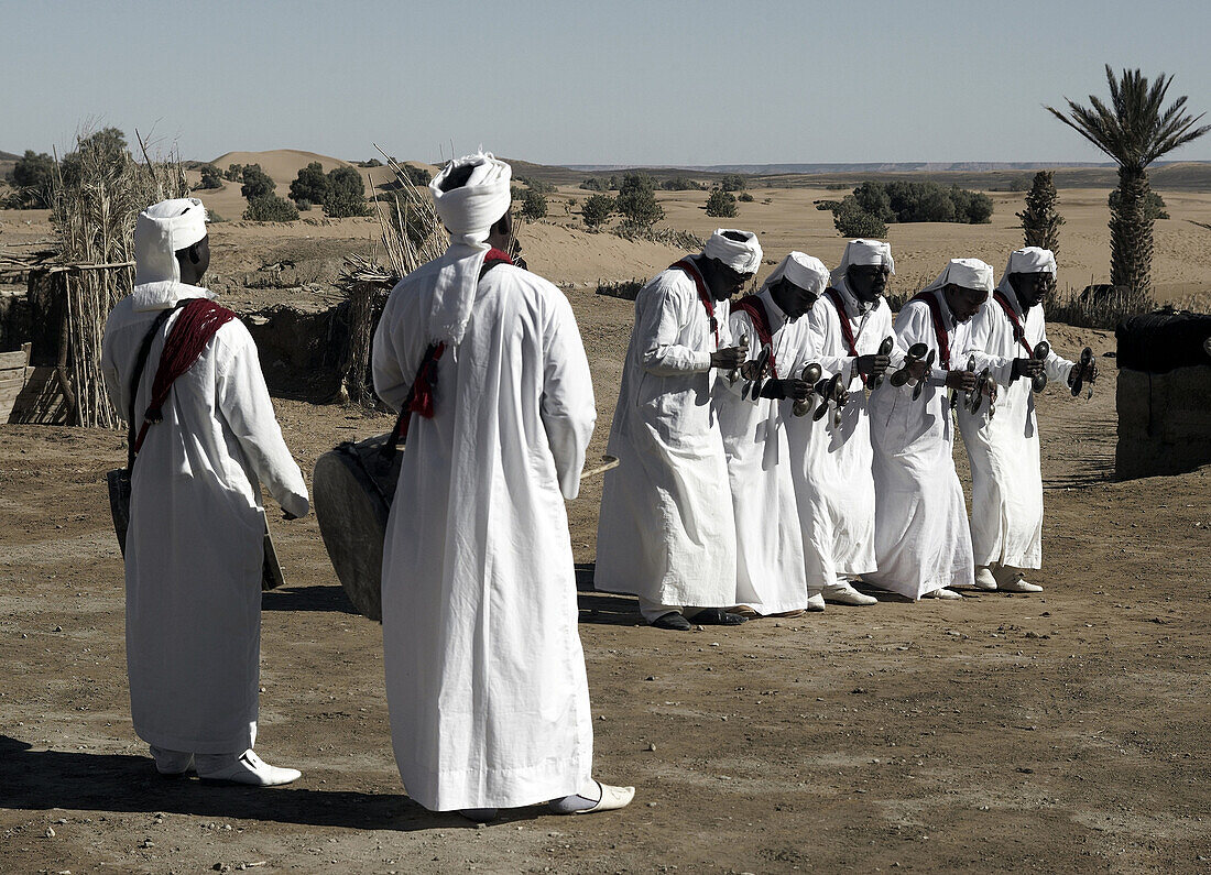 Group of Gnawa Musicians Performing in Desert, Khemlia, Morocco