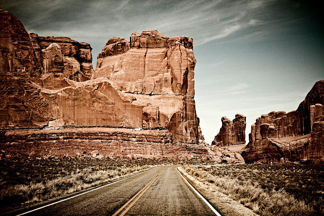 Road Through Large Rock Formations, Arches National Park, Utah, USA