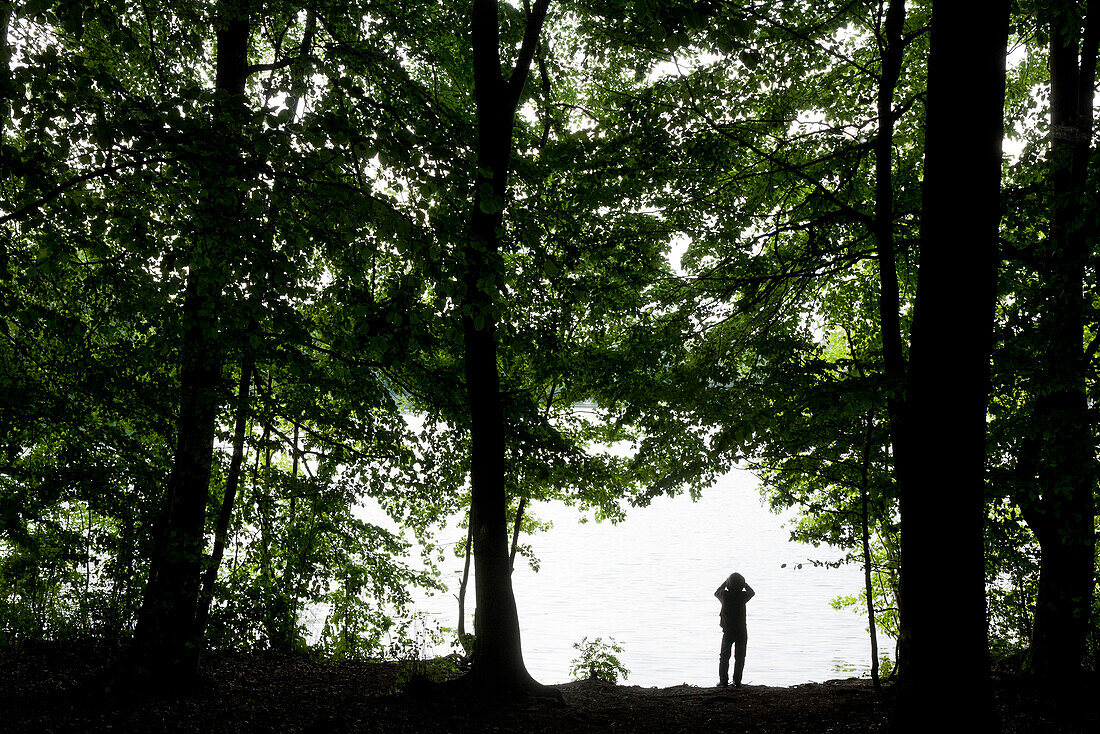 Junge steht am Seeufer, Lankau, Schleswig-Holstein, Deutschland