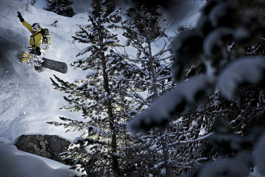 Snowboarder jumping, Chandolin, Anniviers, Valais, Switzerland