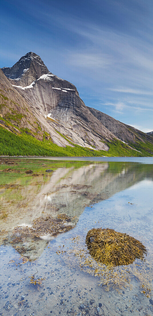 Spiegelung der Berg Stetind in einem See, Stefjordbotn, Stefjord, Tysfjord, Nordland, Norwegen