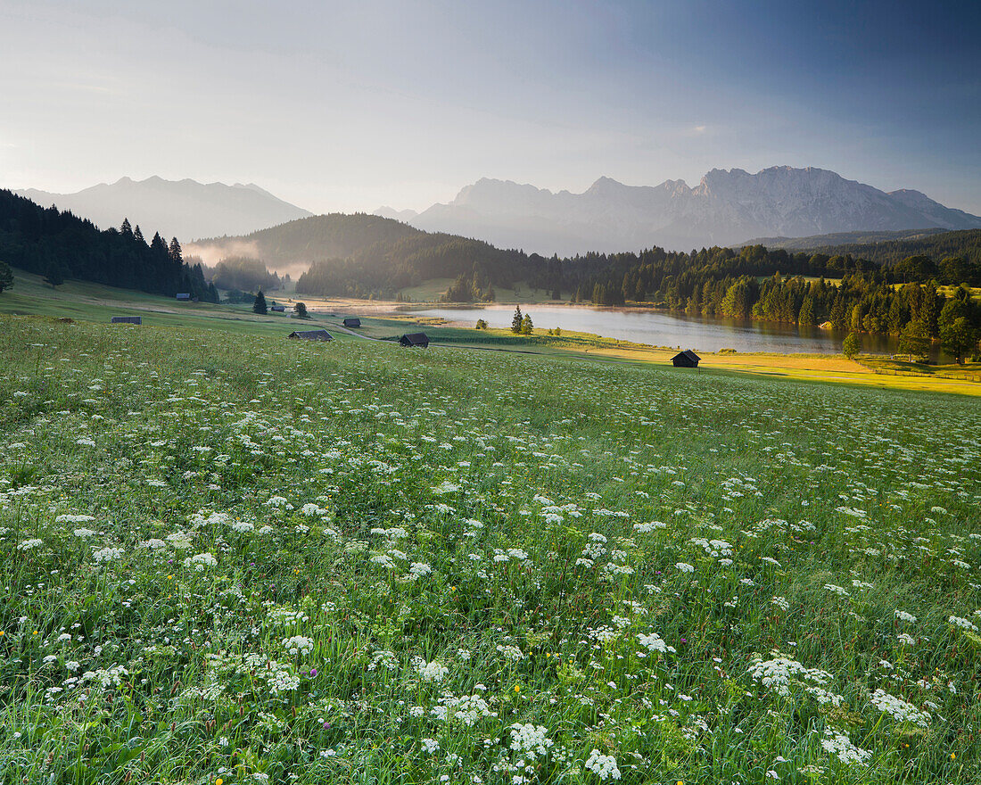View across a meadow towards lake Gerold, Wagenbruchsee, Karwendel mountain range in the background, Bavaria, germany