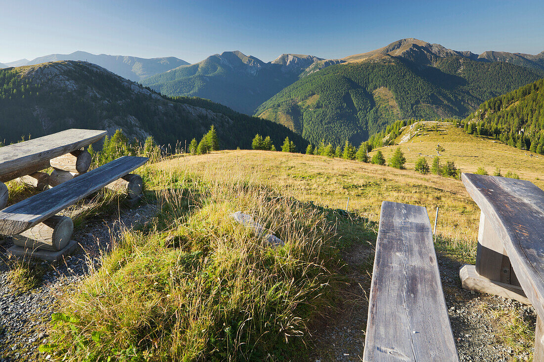 Blick von Eisentalhöhe auf Plattnock und Klomnock, Nationalpark Nockberge, Kärnten, Österreich, Europa