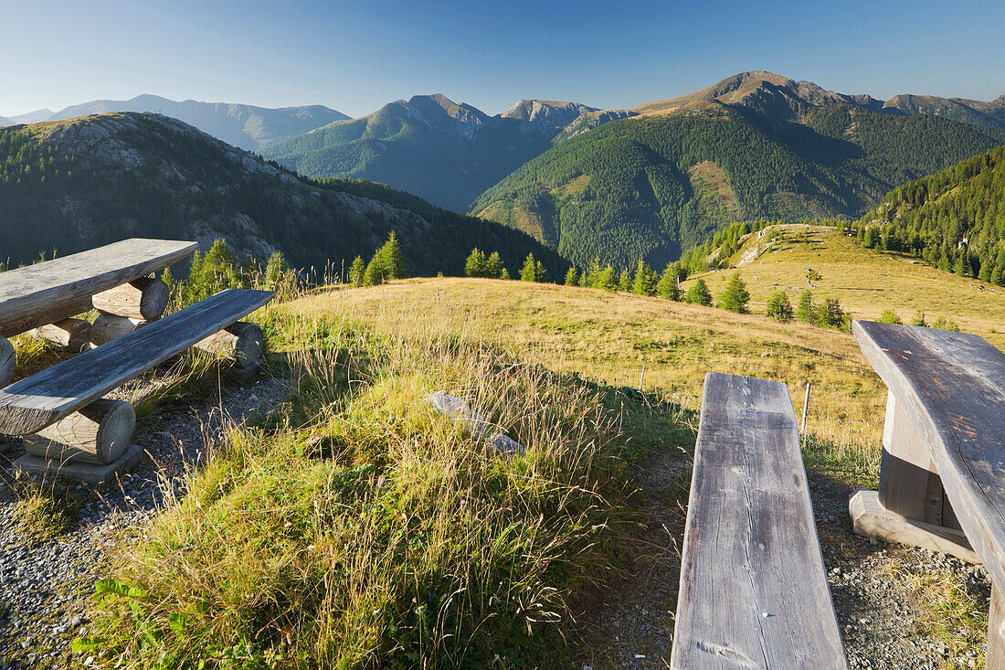 View from Eisentalhoehe onto Plattnock and Klomnock, Nockberge National Park, Carinthia, Austria, Europe