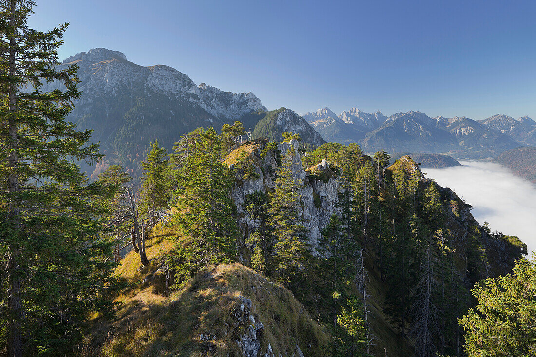 Blick auf Tegelberg und Nebel in entferntem Tal, Ammergebirge, Allgäu, Bayern, Deutschland, Europa
