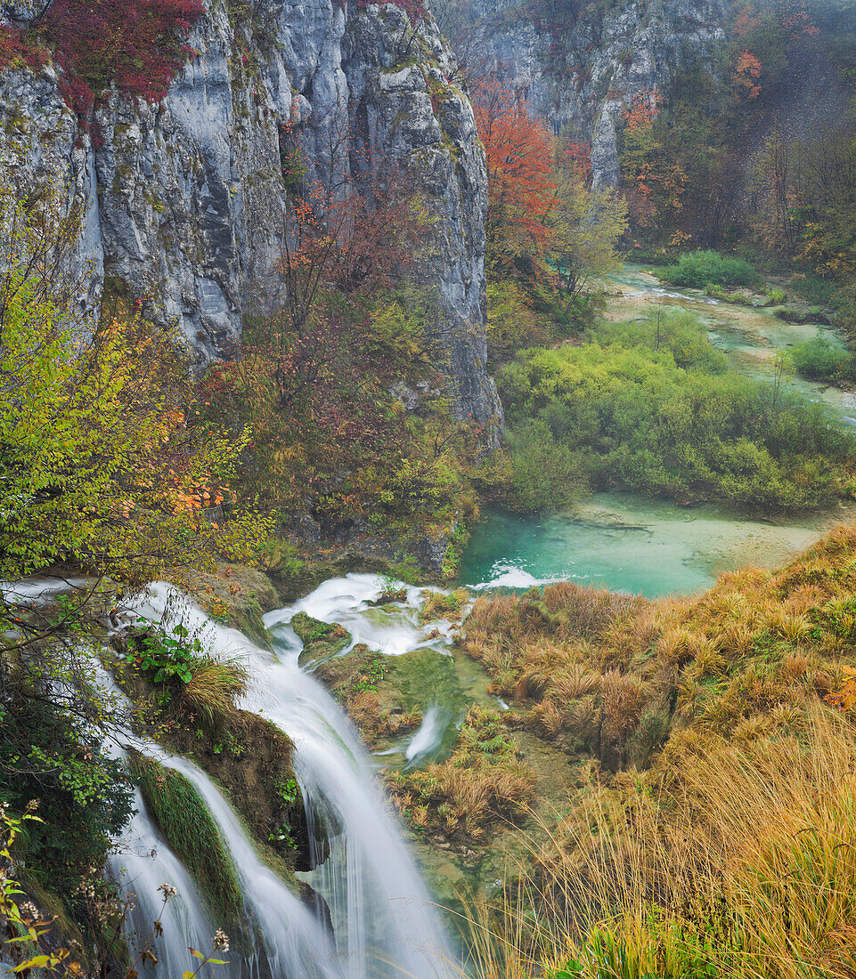 High angle view at waterfall in autumn, Plivice Lakes National Park, Croatia, Europe