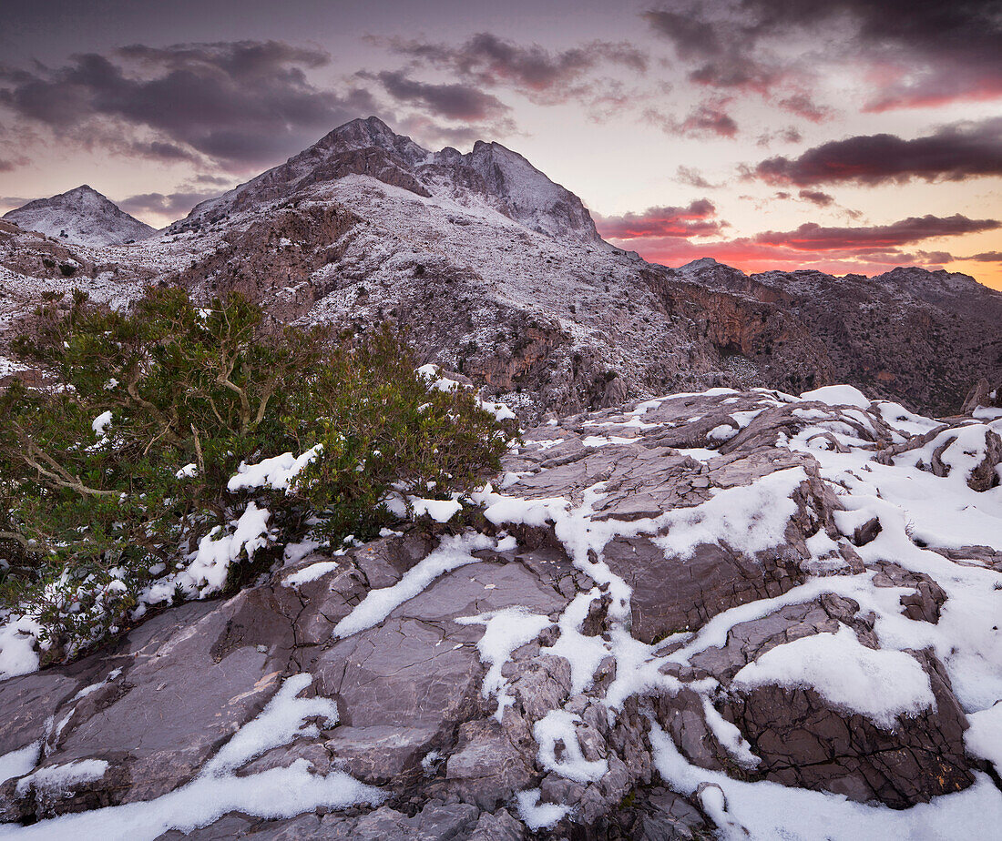 Schneebedeckter Berg am Abend, Puig Major, Puig de ses Vinyes, Coll de Cals Reis, Serra de Tramuntana, Mallorca, Spanien, Europa