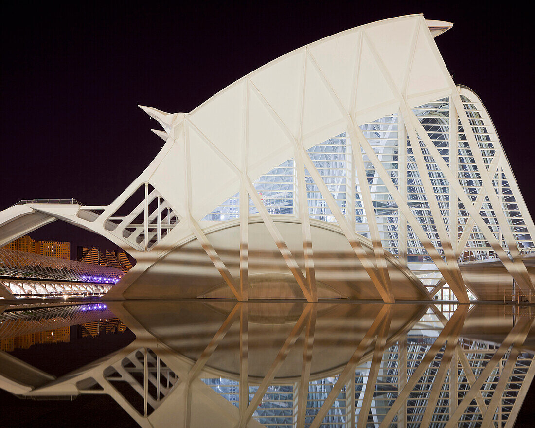 Museum of sciences at night, Museo de las Ciencias Principe Felipe, Valencia, Spain, Europe