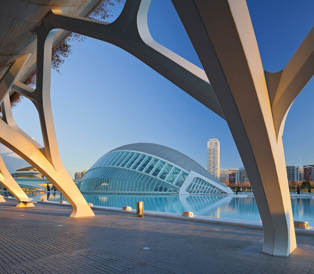 Das IMAX 3D Kino L'Hemispheric am Abend, Ciudad de las Artes y de las Ciencias, Valencia, Spanien, Europa