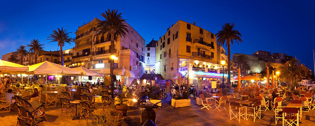 Street cafe and restaurant at the harbor-side, Quai Adolphe Landry, Calvi, Corsica, France