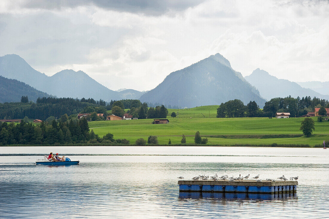 Pedal boat on lake Hopfensee, Fuessen, Allgaeu, Bavaria, Germany