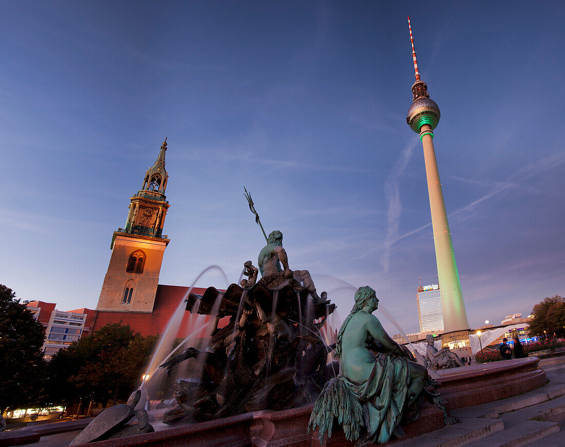 Neptune Fountain, St Marys Church, Television Tower, Alexander Square, Berlin Mitte, Berlin, Germany