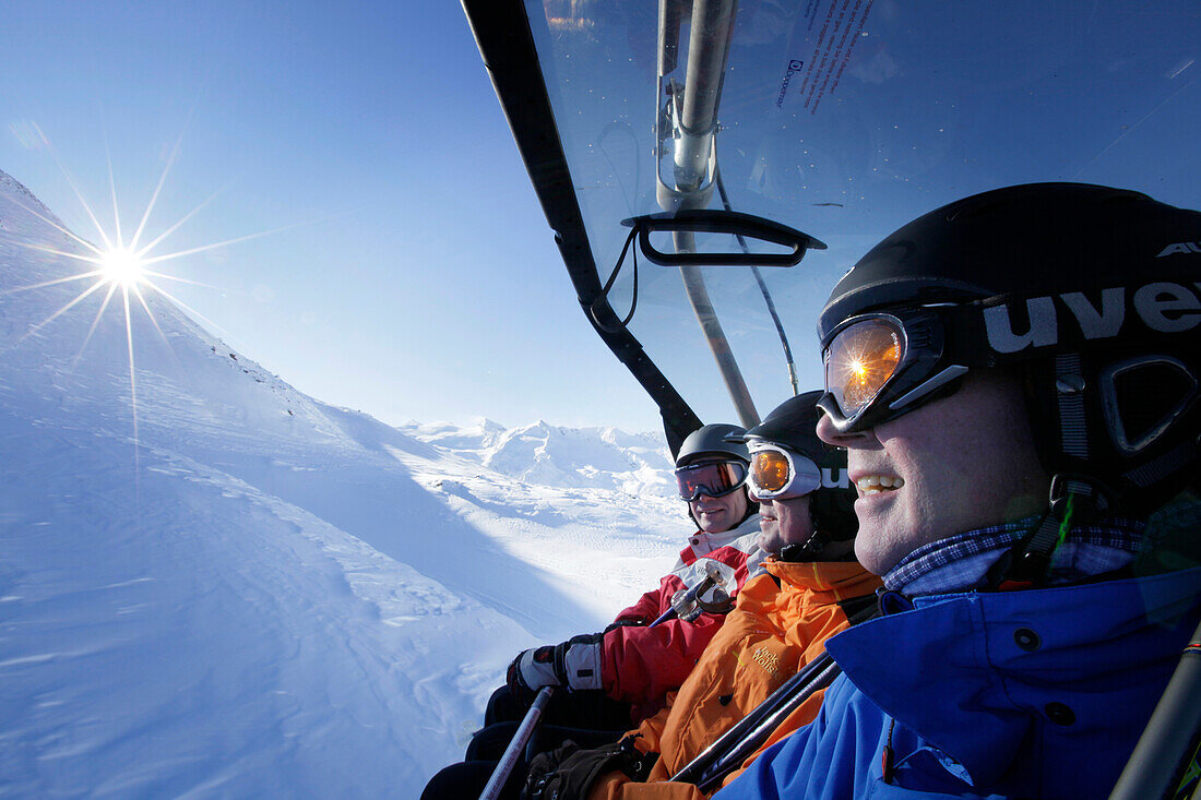 Skiers in the Rosskarbahn skilift, Obergurgl, Tyrol, Austria