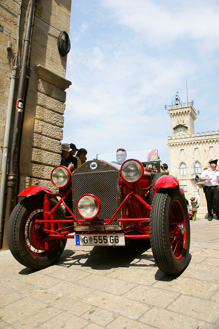 Vintage car at the old town in front of the castle, San Marino, Italy, Europe