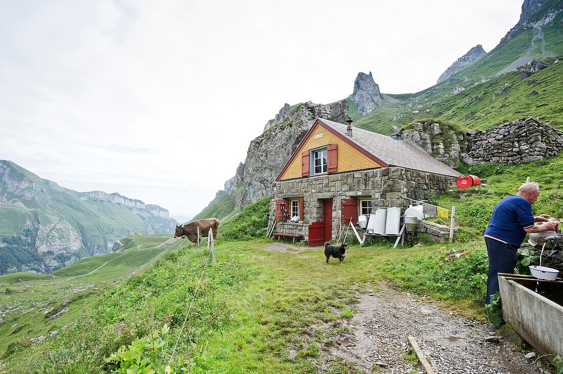 Alpine hut at Meglisalp, Alpsteingebirge, Saentis, Appenzeller Land, Switzerland, Europe