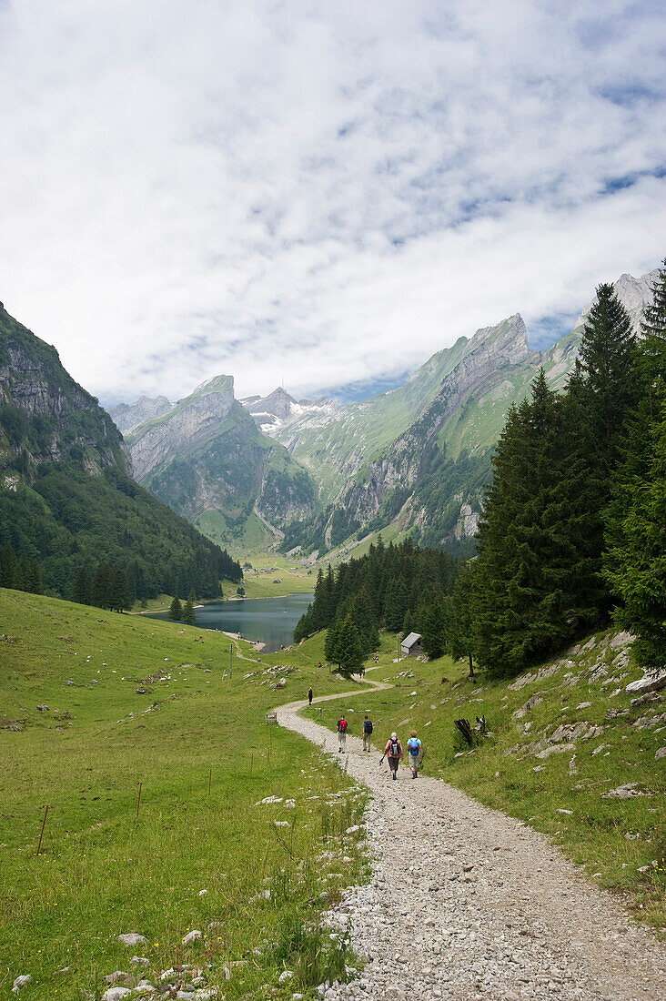 Hikers on a track at Seealpsee, Alpsteingebirge, Saentis, Appenzeller Land, Switzerland, Europe