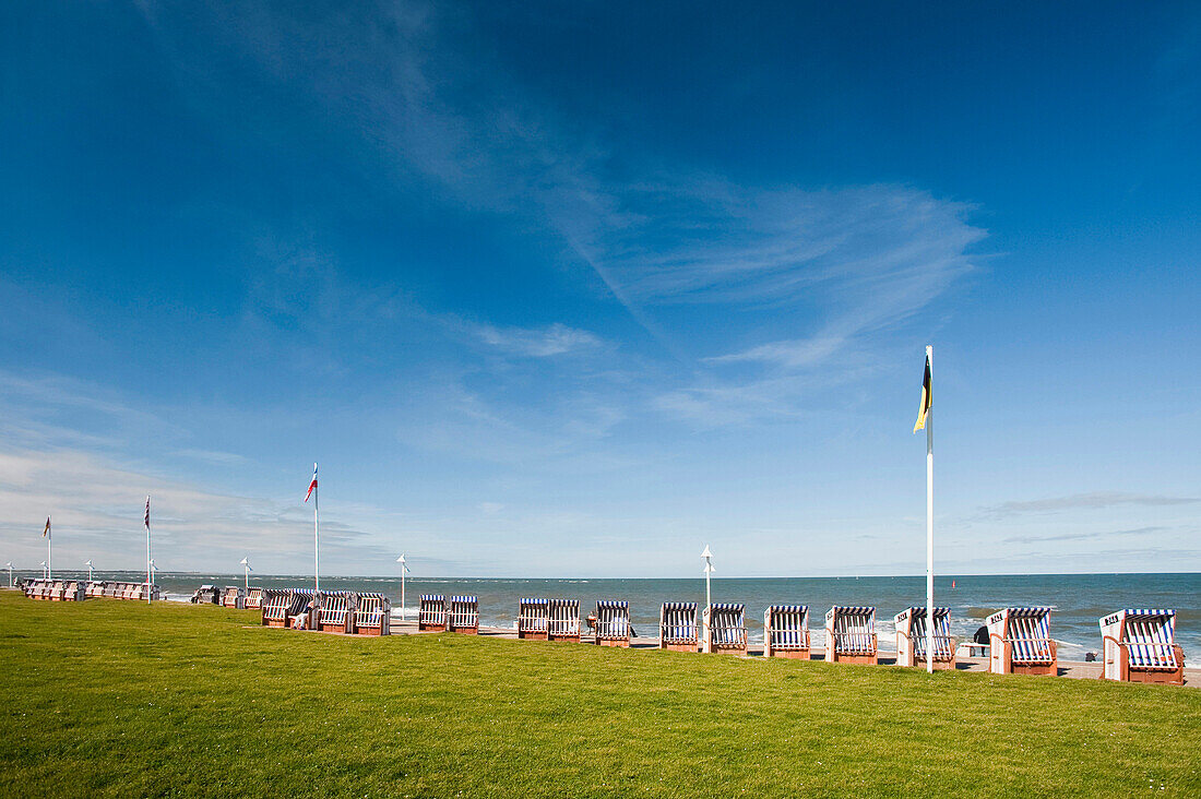 Beach chairs at the promenade, island of Norderney, Niedersachsen, Germany