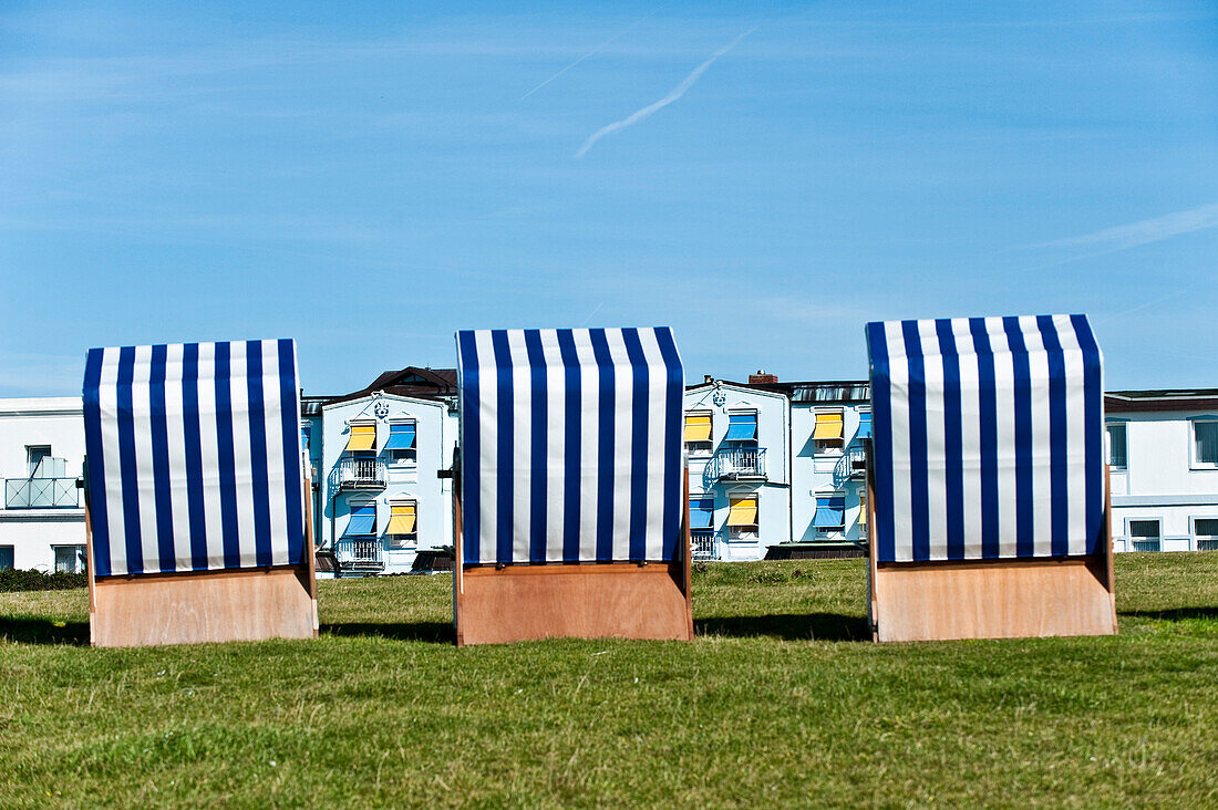 Three roofed wicker beach chairs, Norderney, East Frisian Islands, Lower Saxony, Germany