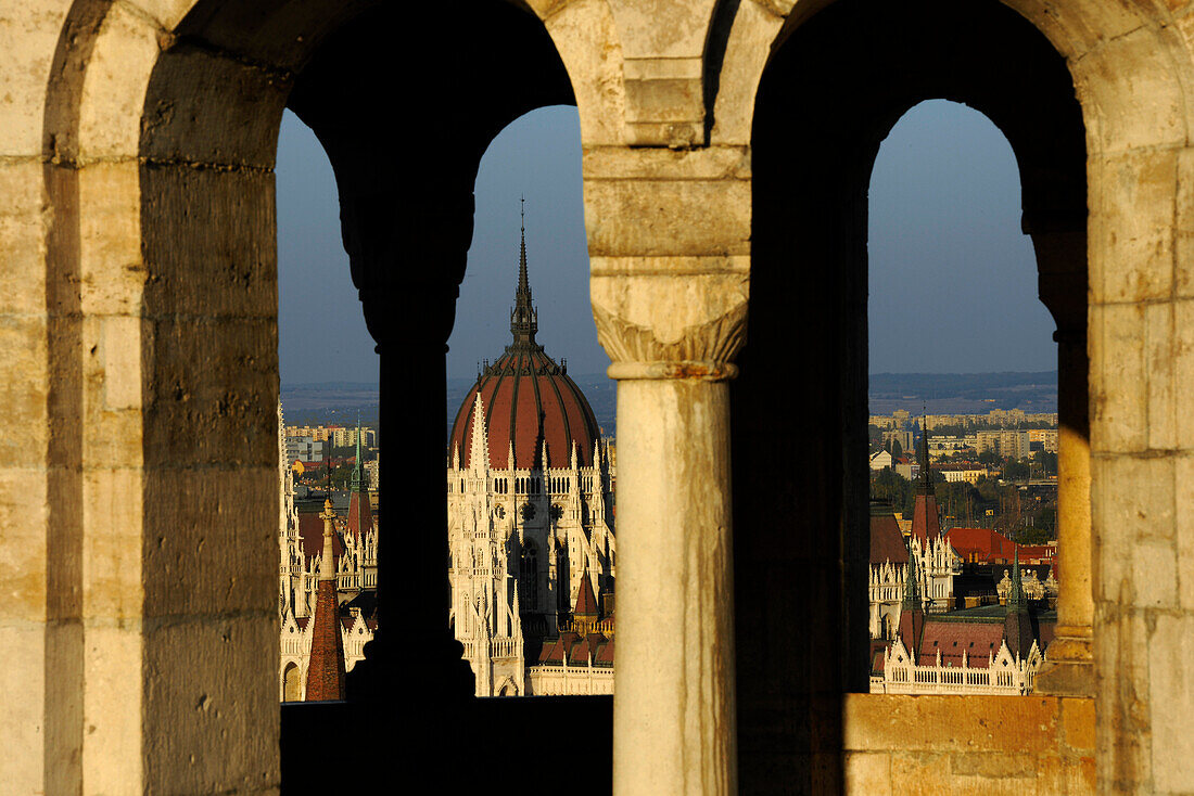 View from Fisherman's Bastion onto House of Parliament, Budapest, Hungary, Europe