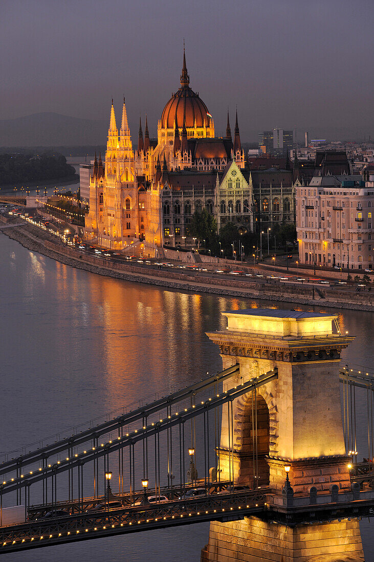 View of Danube river, Chain Bridge and House of Parliament at night, Budapest, Hungary, Europe