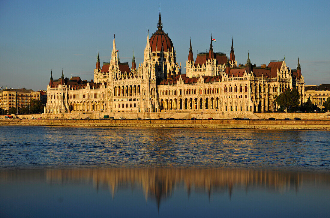 House of Parliament at Danube river in the light of the evening sun, Budapest, Hungary, Europe