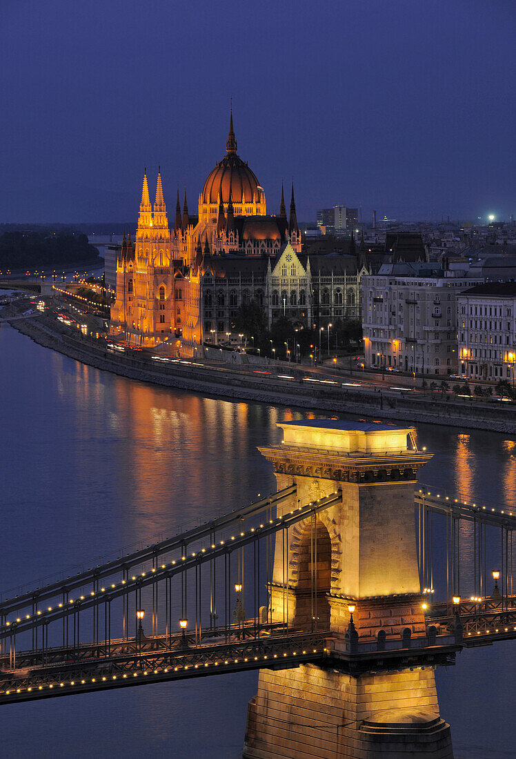 Danube river, House of Parliament and Chain Bridge at night, Budapest, Hungary, Europe
